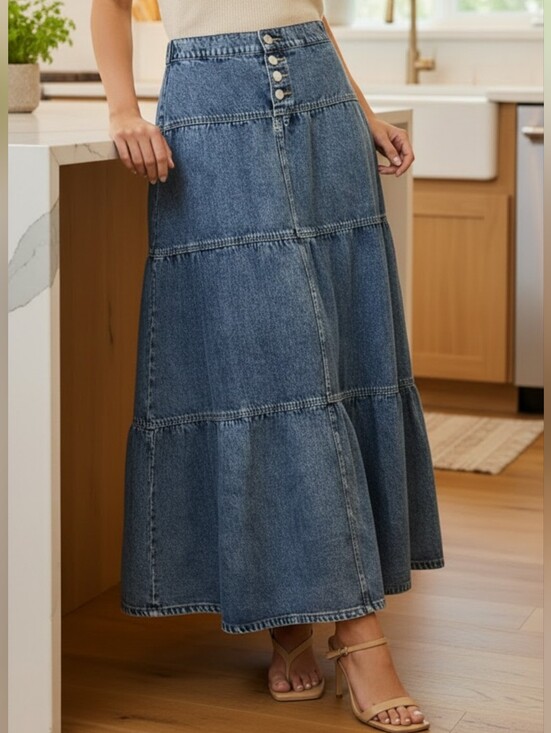 Risen Jeans Dresses & Skirts - Risen High-Rise Button Elastic Waist Tiered Ruffle Cotton Denim Maxi Jean Skirt